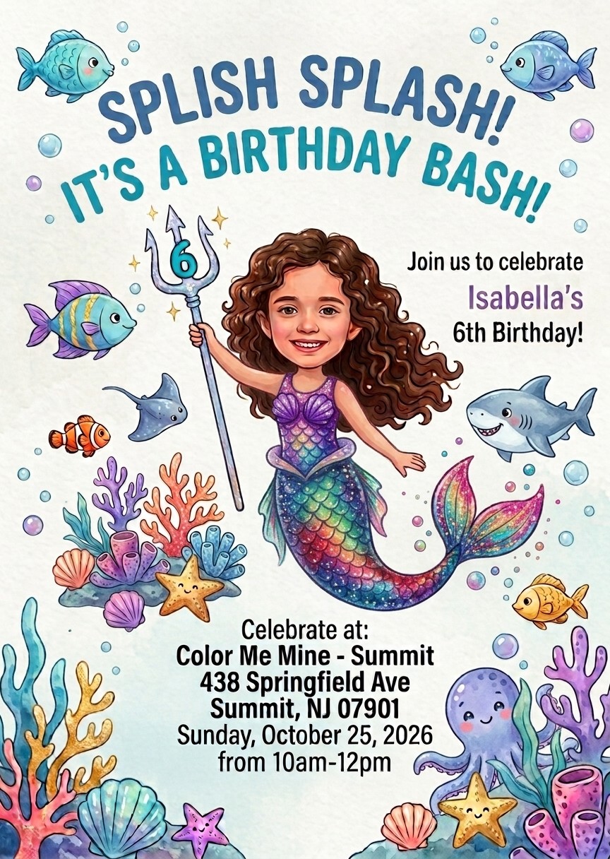 Mermaid-themed birthday invitation: Splish Splash! It's a Birthday Bash! Join us to celebrate Isabella's 6th Birthday at Color Me Mine, 438 Springfield Ave, Summit NJ 07901, Sunday October 25, 2026 from 10am to 12pm.